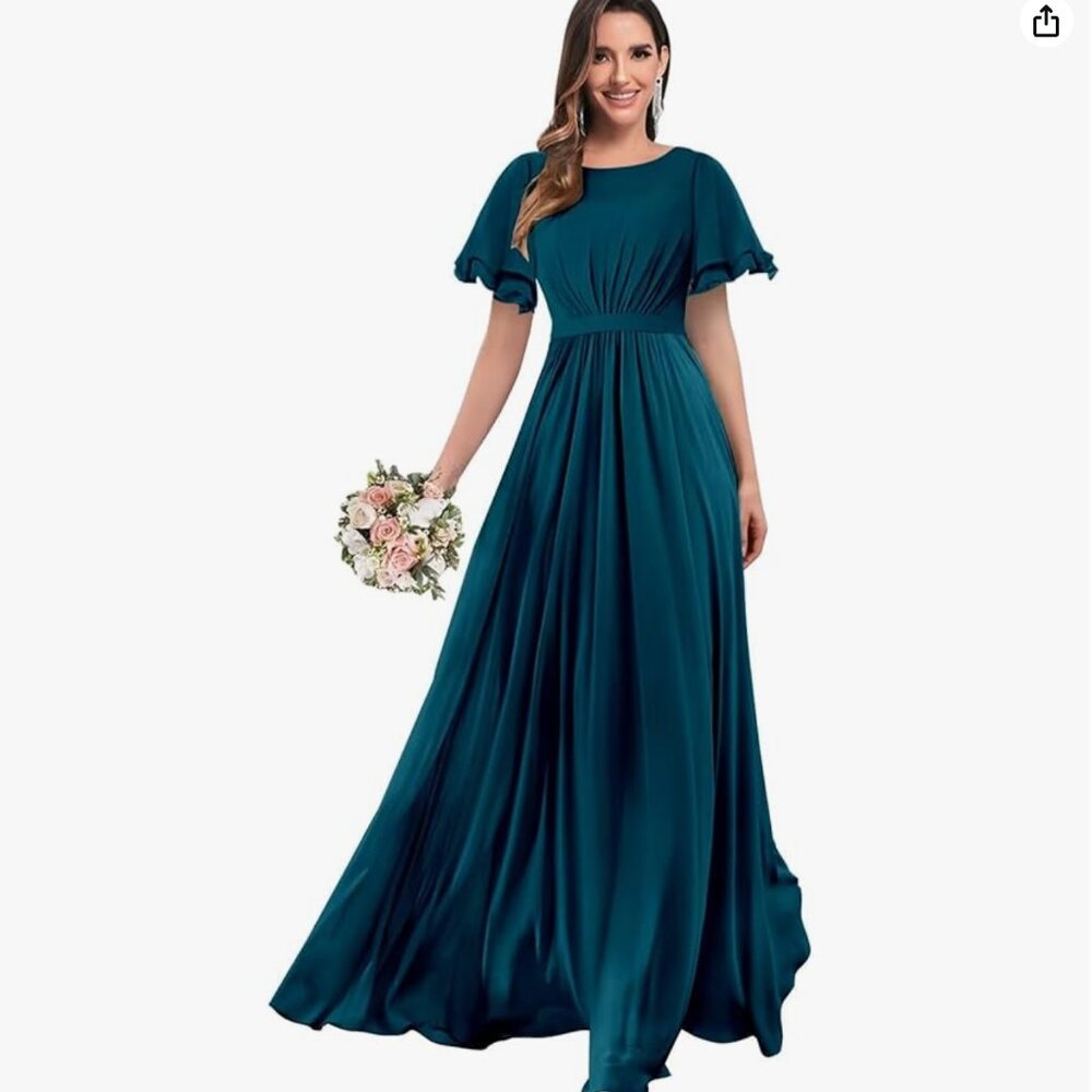 Mollyevers Womens 6 Peacock Blue Chiffon Modest Maxi Dress Wedding Bridesmaid